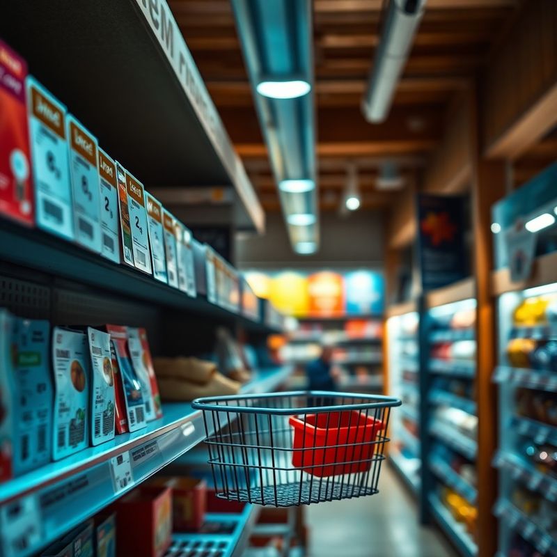 Cenovne oznake in nakupovalna košarica na polici v supermarketu